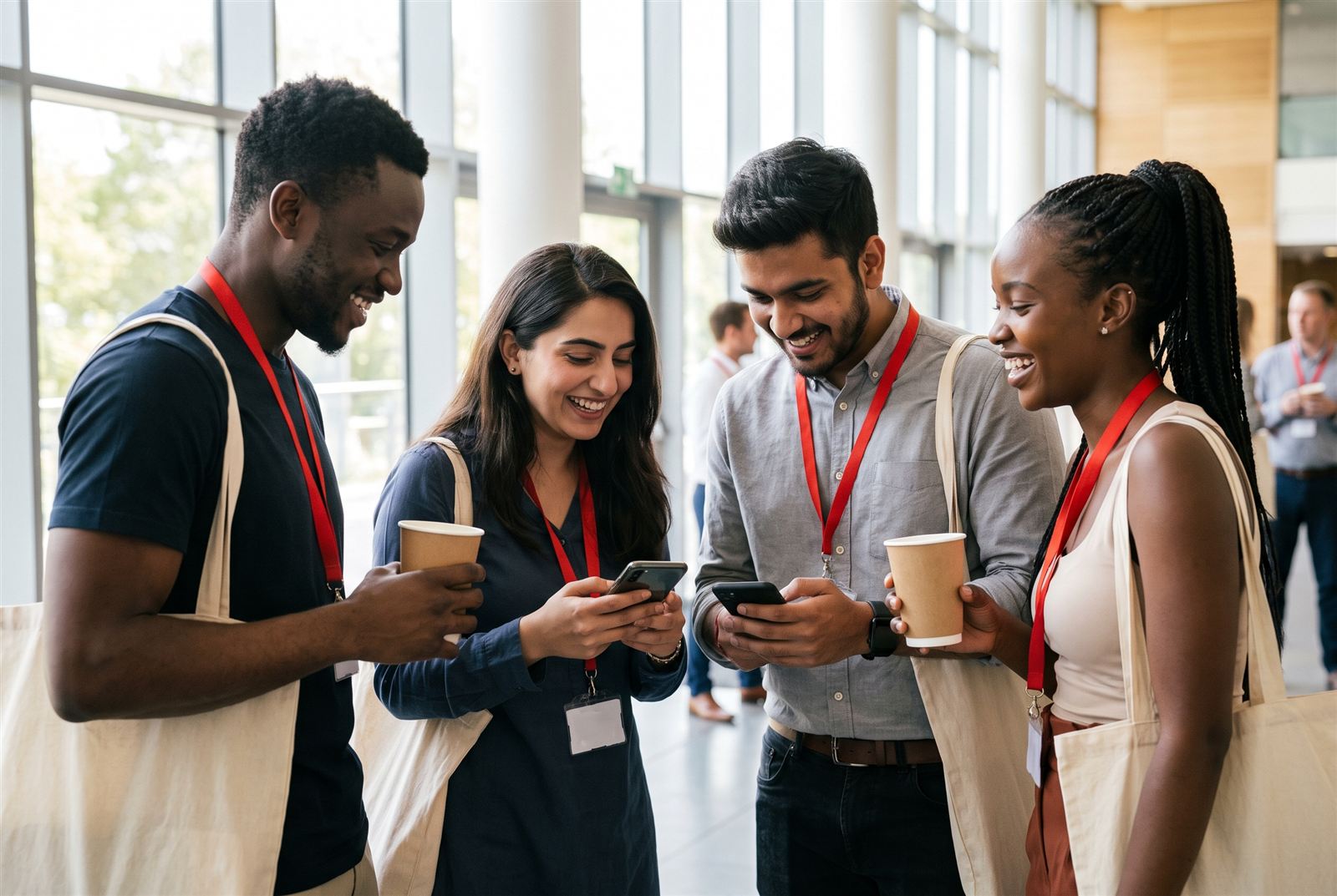 Delegates laughing together during a break