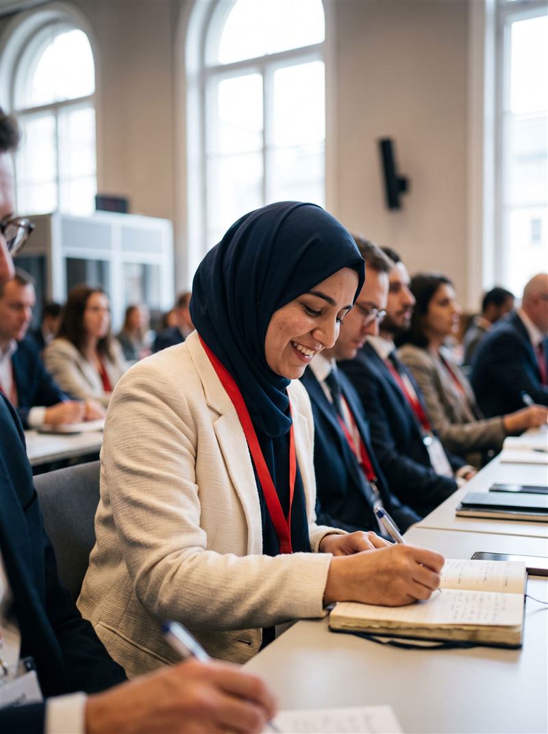 A delegate taking notes during a session